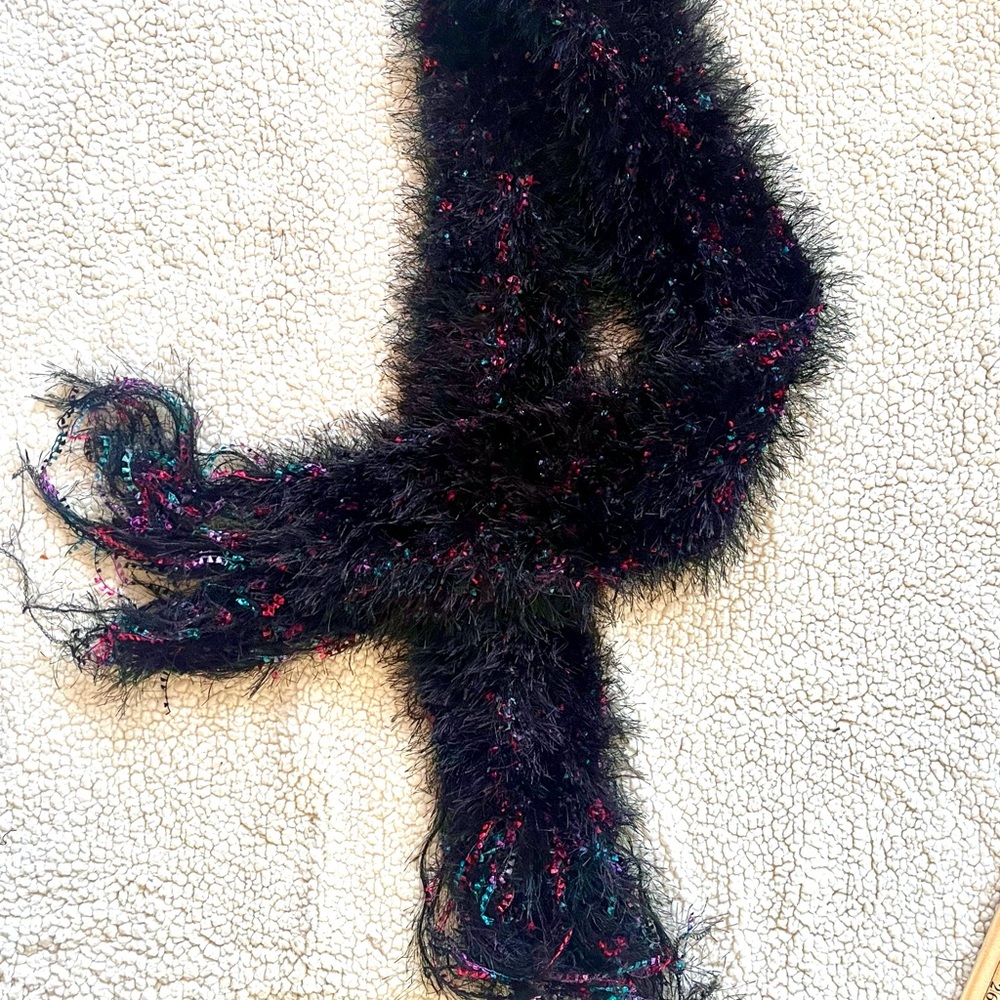 Fringe Scarf, Black with Pink and Aqua Accents, Winter Glamour